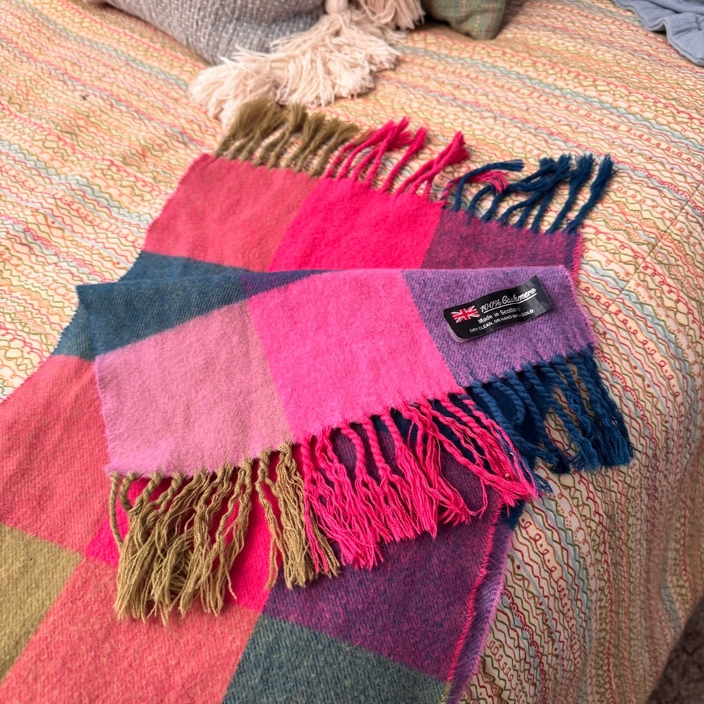 100% Cashmere Scarf made in Scotland vibrant multicolor block check pattern